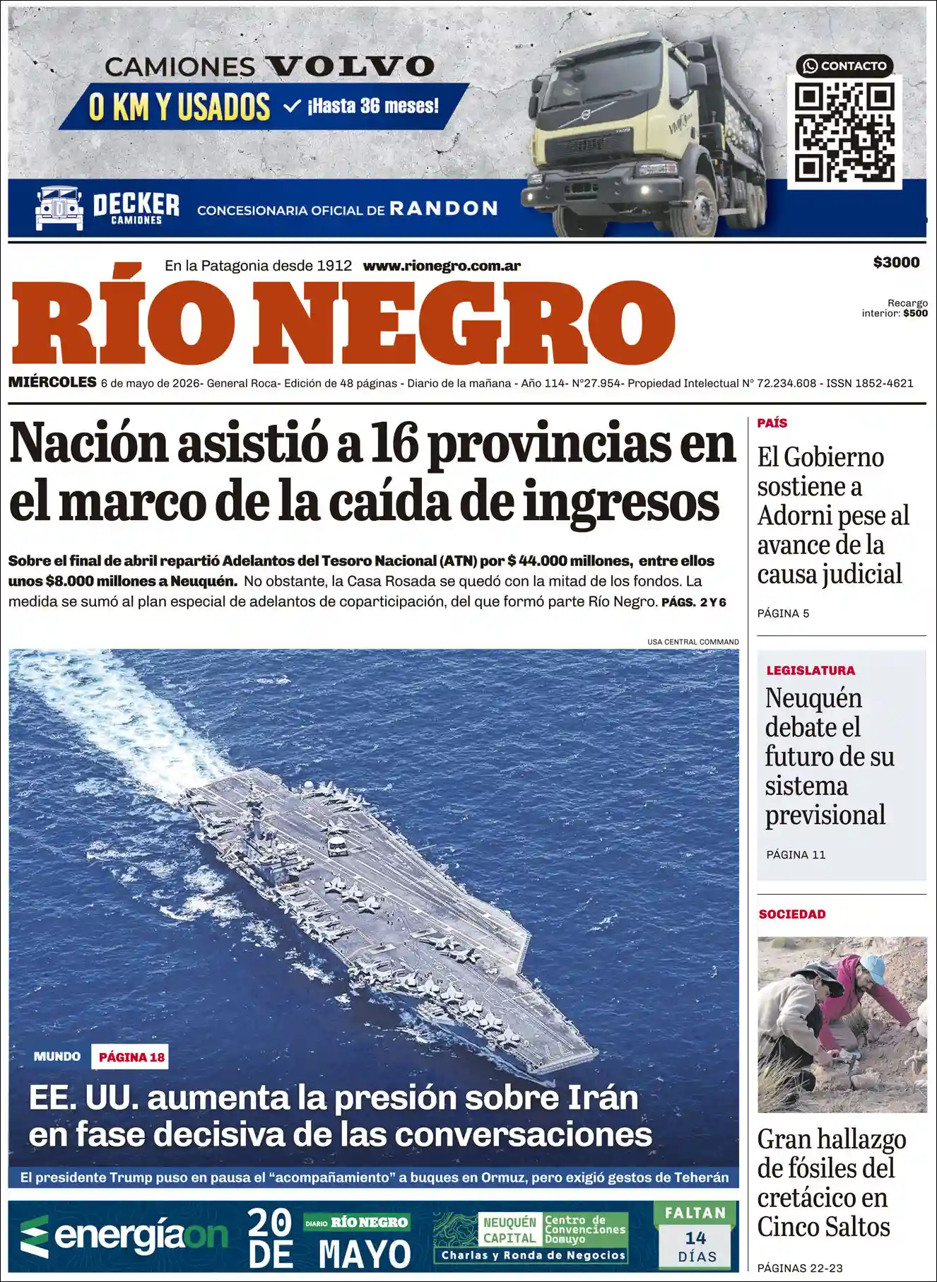 Evolucion Streaming | Argentilandia Diario - Tapa del diario Rio Negro